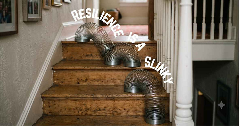 A Slinky moving down stairs with overlay text stating "Resilience is like a Slinky" to highlight Jo Lodder's keynote mindset on adapting without breaking.